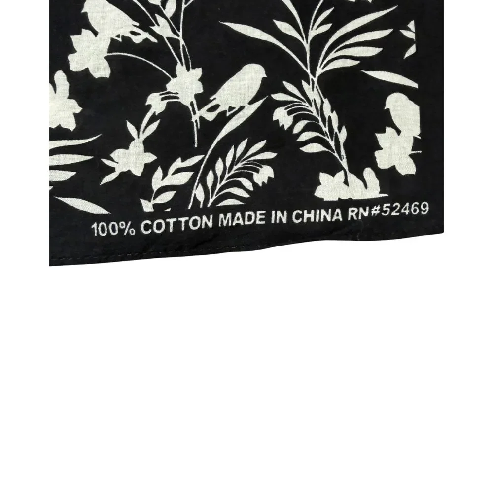 Black and White Floral Bird 100% Cotton Small Rectangular Scarf Kerchief Bandana